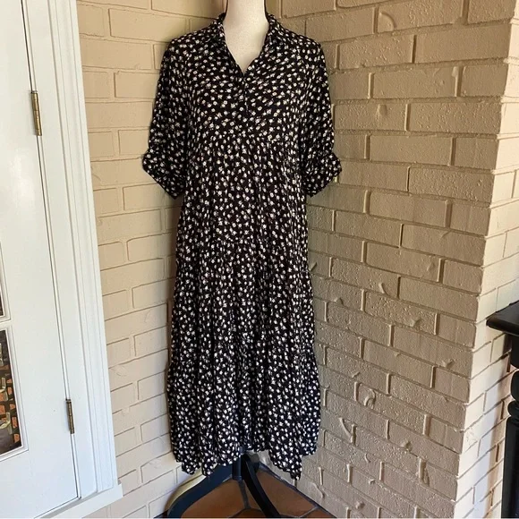 Natural Life Rebecca Midi Dress Dark Floral Boho Prairie Tiered Cottage Core M - Picture 2 of 10